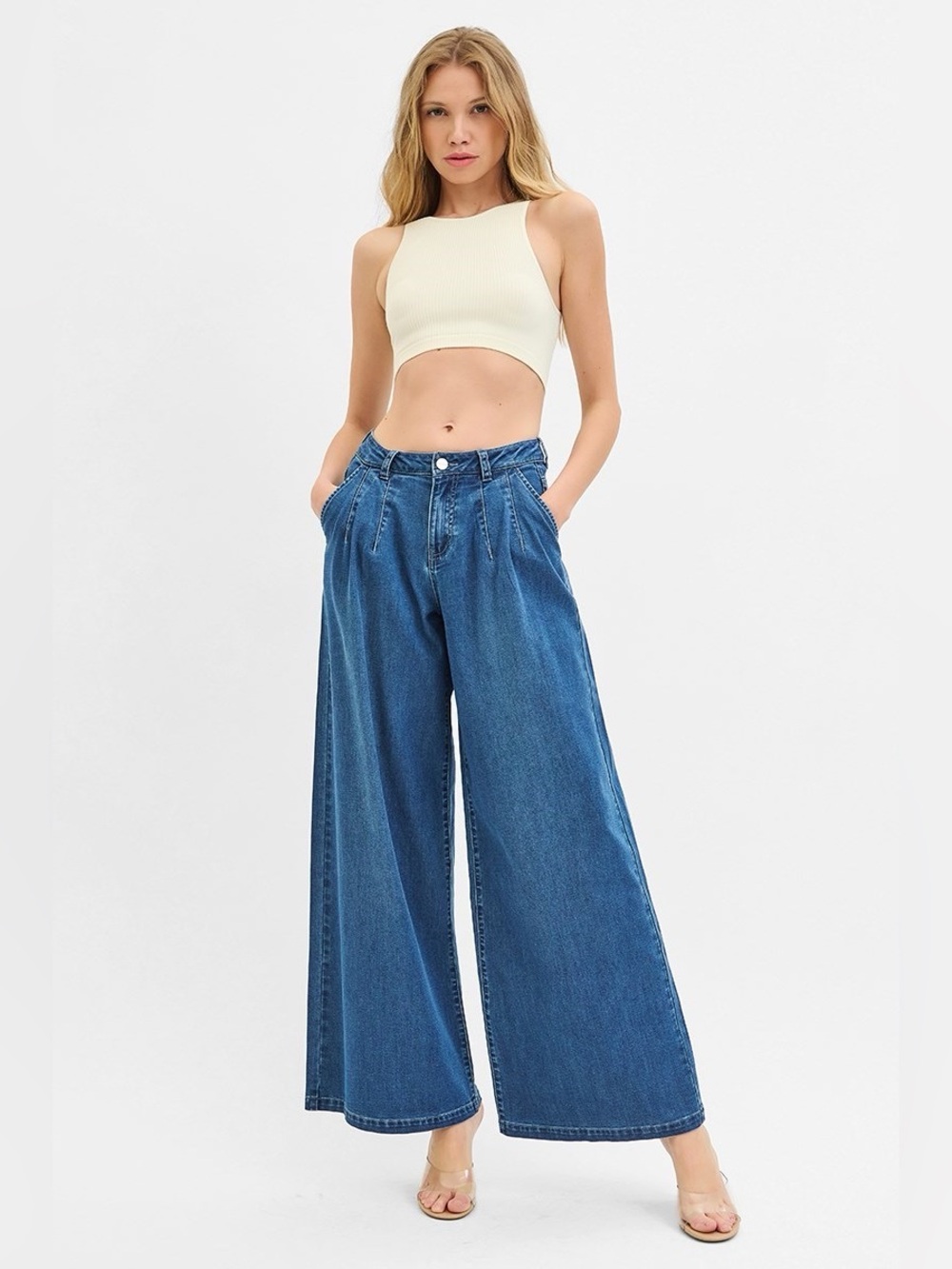 PW21179 MEDIUM Risen Slouchy Wide Leg Knit Denim Look Jeans - Picture 5 of 5